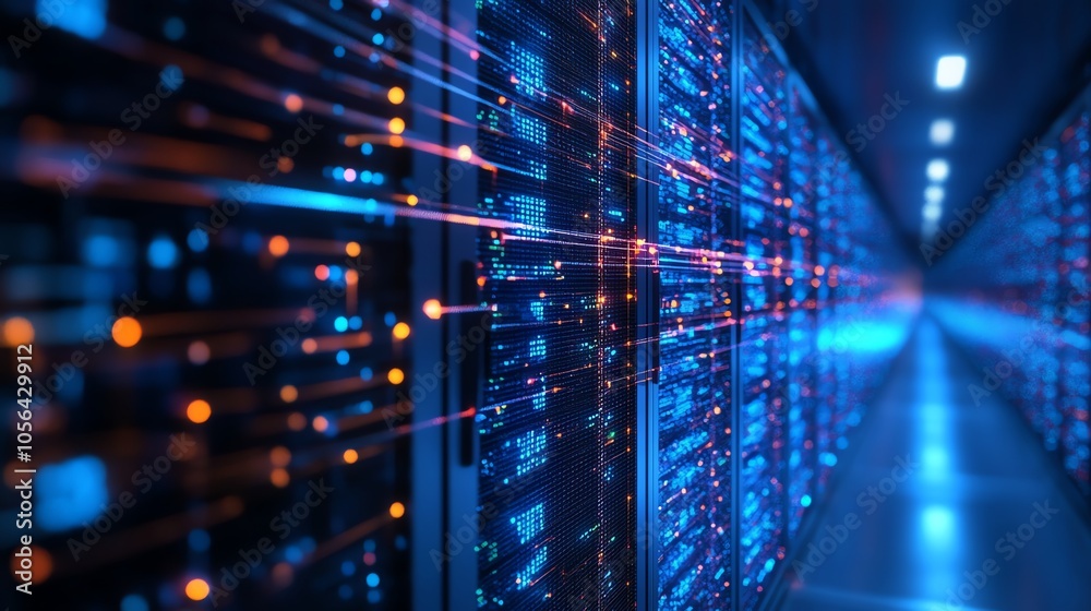 Poster abstract server room with blue and orange lights representing data transfer.