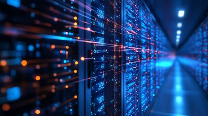 Abstract server room with blue and orange lights representing data transfer.