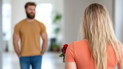 A woman, holding a red rose, walks towards a confident man standing in the distance, creating a scene filled with potential romance and mutual attraction.