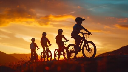 Obraz premium Silhouette of Cyclist Family Pausing at Sunset