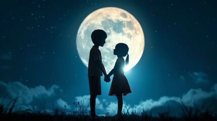 Couple Silhouette Holding Hands Under Full Moon