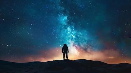 Fototapeta premium Astronaut Walking in a Cosmic Landscape at Night