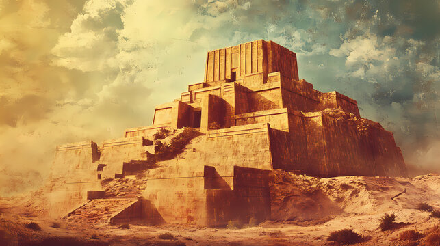 Vintage style photography of an ancient sumerian city with mesopotamian architecture and landscape. Sumerian Ziggurat. Illustration