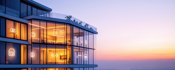 Fototapeta premium Modern building exterior with large windows, illuminated interior, and stunning sunset sky creating a serene atmosphere.