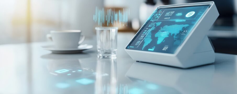 Modern digital tablet with interactive features on a stylish table, accompanied by a coffee cup and glass of water, enhancing productivity.