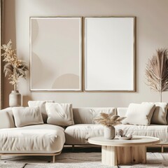 Modern living room interior with a white sofa. two framed posters. and a round wooden coffee table