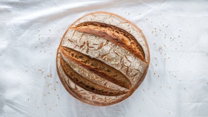 Single organic bread loaf on white backdrop, emphasizing natural and pure baking