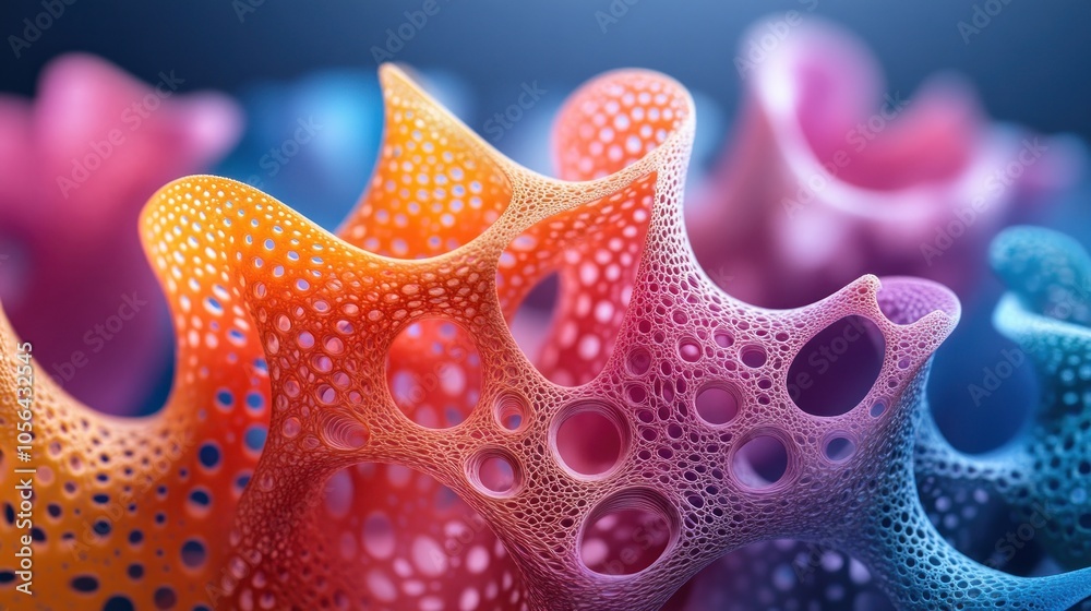Fototapete abstract 3d rendering of a colorful organic structure with holes and curves.