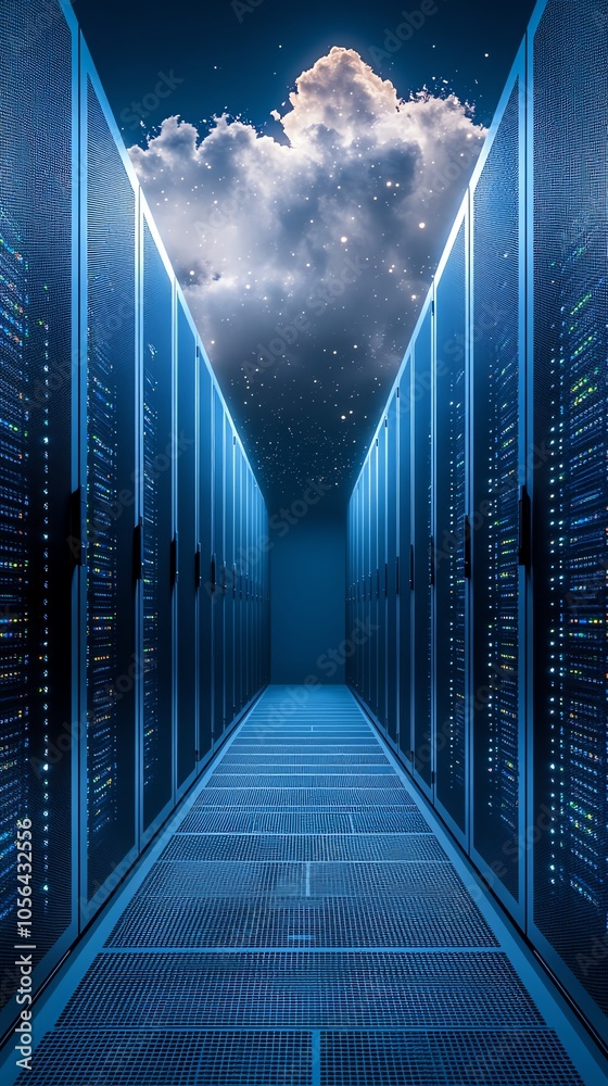 Aufkleber A long hallway of server racks in a data center with a cloudy night sky overhead.