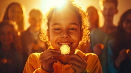 Happy Child Holding Medal in Celebration Moment