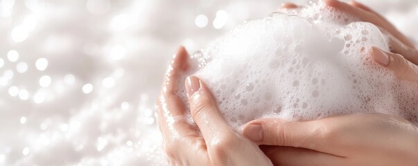 Fototapeta premium Soft hands holding a foamy bubble in a serene environment, evoking a feeling of relaxation and cleanliness.