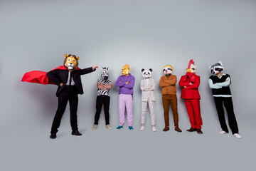 Full size photo of zebra gorilla raccoon panda sloth rooster mask people crossed arms lion boss...