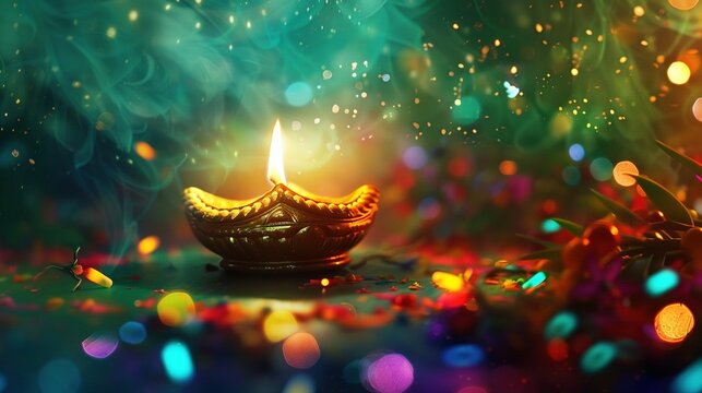 Diwali Discount Extravaganza: Colorful Poster Design with Firecrackers and Illuminated Diyas