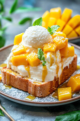 Indulge in tropical bliss honey toast topped with coconut ice cream and juicy mango chunks