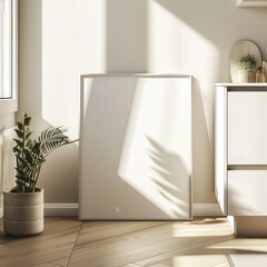 A blank canvas leans against a white wall with a potted plant in the corner and light streaming in through the window
