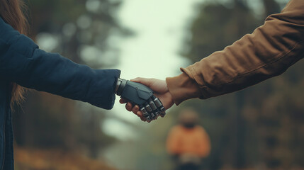 Young Adult with a Prosthetic Limb Holding Hands with a Partner, focusing on connection and inclusivity in a natural, candid moment