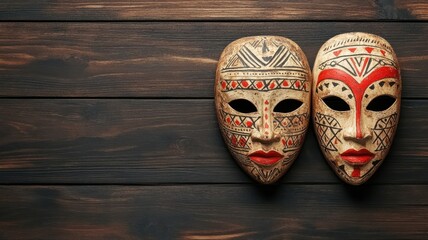 Two intricately designed tribal masks displayed on a wooden surface, showcasing vibrant colors and unique patterns.