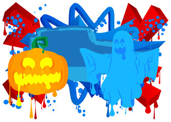 Halloween Jack O' Lantern and Ghost Graffiti tag. Abstract modern street art decoration performed in urban painting style.