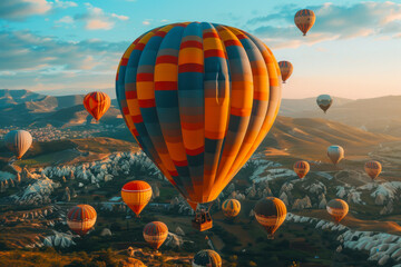 Obraz premium Colorful hot air balloons flying over mountain