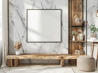 A modern. minimalist living room with a blank frame on a white marble wall. a wooden bench. and a shelf with decorative objects