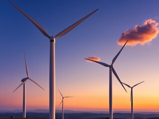 Wind turbines silhouette against a vibrant sunset sky, showcasing renewable energy production and scenic landscapes.