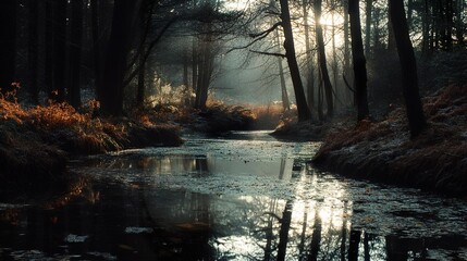 Fototapeta premium Serene Forest Stream with Sunlit Reflections