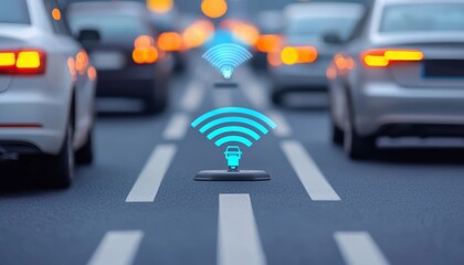A digital representation of wireless connectivity above a busy road, illustrating modern traffic technology and smart city infrastructure.
