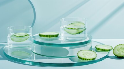 Transparent podium with petri dishes of cucumber slices on blue background for cosmetic product display