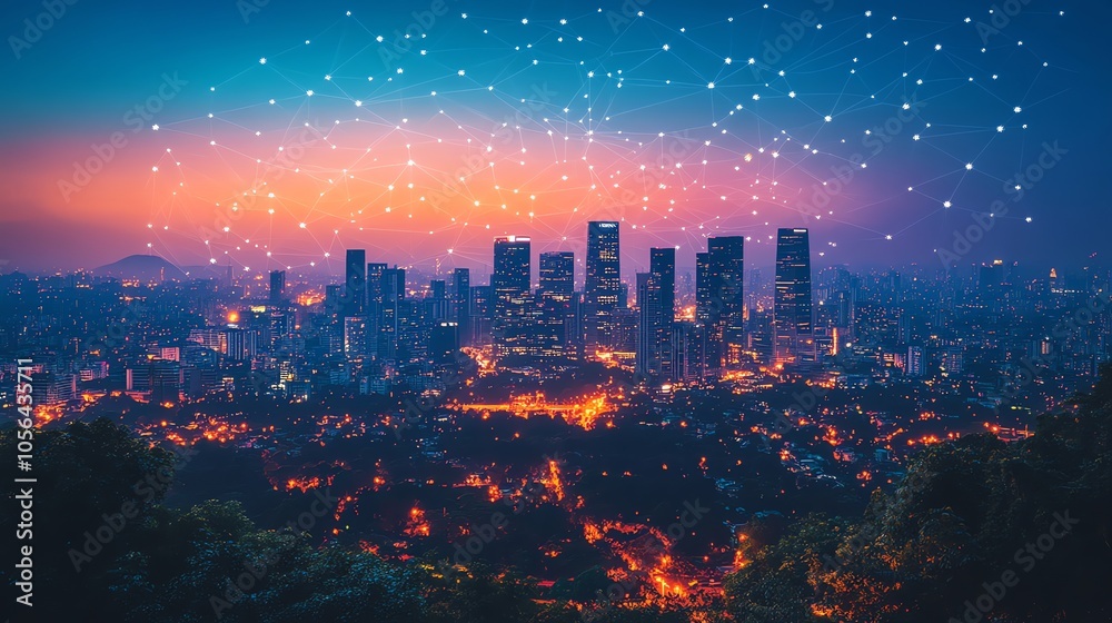 Poster a modern cityscape at dusk with a network of glowing lines connecting the buildings, representing th