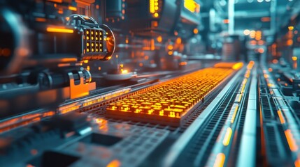 A futuristic, high-tech production line with glowing lights and intricate machinery.