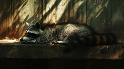 Obraz premium A raccoon peacefully sleeping on a wooden bench in a sunlit forest, surrounded by shadows and leaves.