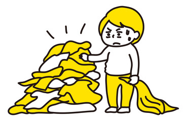 洗濯をしなければいけない山積みの洋服を前に、やる気が削がれている女性（2C）