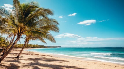 Fototapeta premium Bright Sunny Beach Scene with Palm Trees and Blue Sky