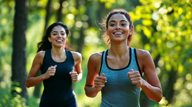Friends, women and fitness with running in park with happiness for workout and jogging in Atlanta. Bonding, runner and smile or confident with exercise for health, wellness and self care on race Video