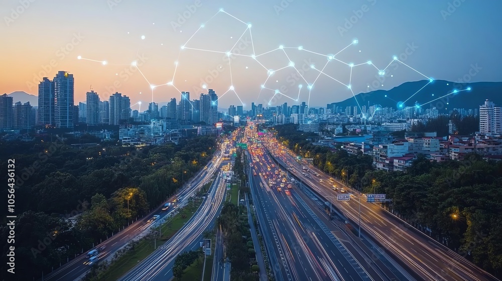 Aufkleber aerial view of a city at dusk with a network of connected lines over the skyline.