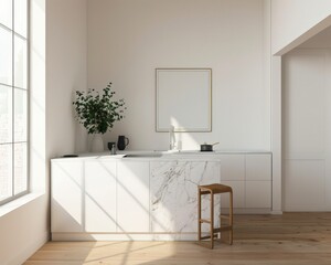 A modern kitchen with white cabinets. marble countertops. and a wooden floor Sunlight streams through a large window A single stool sits at the counter