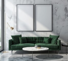 Modern living room interior with green velvet sofa. marble coffee table. and two empty frames on the wall