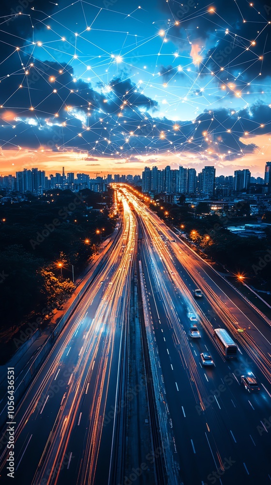 Aufkleber An aerial view of a highway with traffic lights at night, with a network of lines and dots representing the internet or social media connections above.
