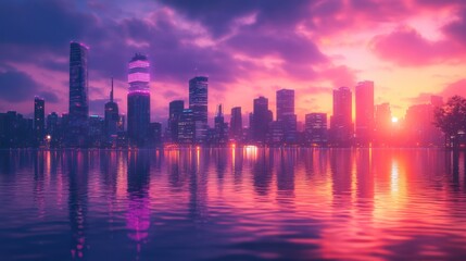 Fototapeta premium A vibrant cityscape skyline with a reflection in the water during sunset.