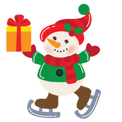 Cute skating snowman  vector cartoon flat style illustration