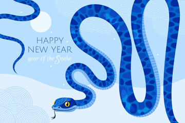Happy 2025 New Year of the Snake, Lunar New Year or Chinese New Year. Blue curved snake and full moon on a light blue background. Greeting card or banner. Zodiac animal cartoon character.