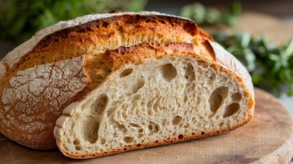 Rustic homemade bread loaf, sliced to reveal a soft, inviting interior