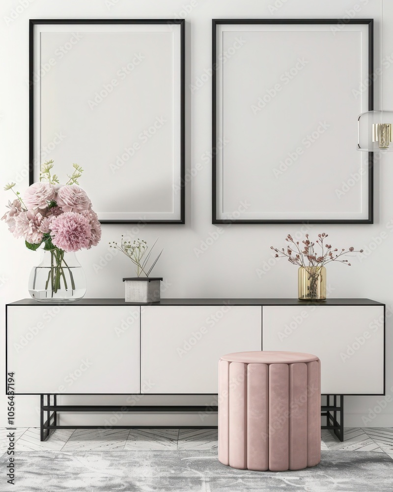 Wall mural a modern interior design with a pink velvet ottoman. a white console table with two empty picture fr