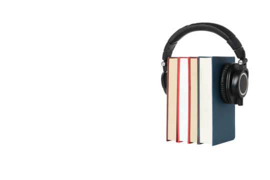 PNG, Books with modern headphones, isolated on white background.