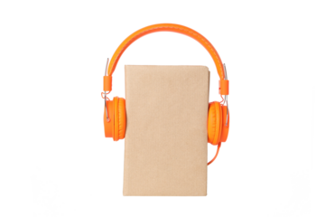 PNG, Book with modern headphones, isolated on white background.