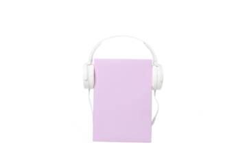 PNG, Book with modern headphones, isolated on white background.