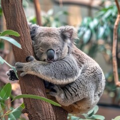 A peaceful koala sleeping while hugging a tree, surrounded by lush green leaves, showcasing the beauty of wildlife in its natural habitat.