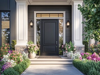Charming front entryway with a black door, surrounded by lush green plants and colorful flowers, creating an inviting atmosphere for visitors.