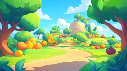 A vibrant landscape with fruit trees and a winding path under a bright blue sky.