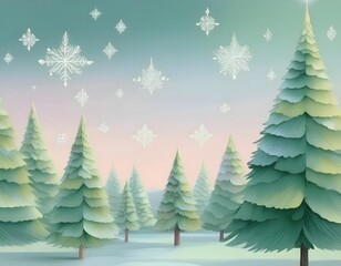 Obraz premium Delicate Christmas tree pattern with delicate snowflakes on a soft pastel background.